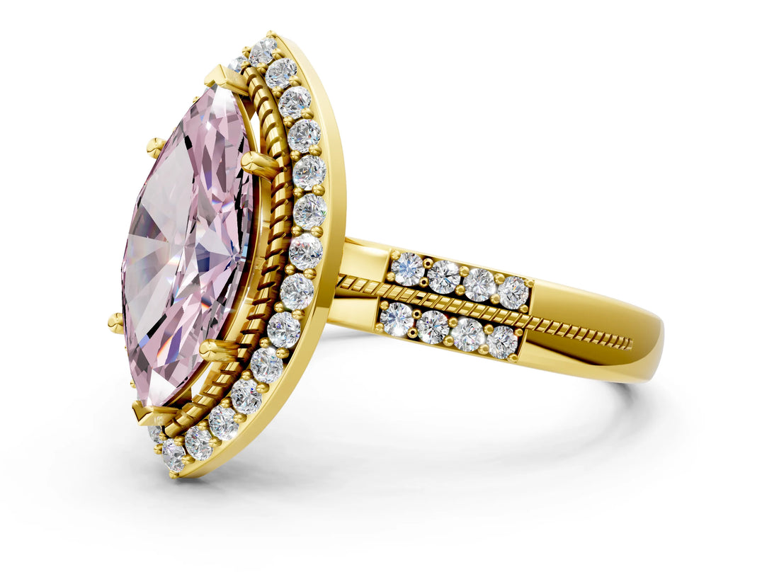 Yellow gold Fancy Pink Marquise Cut Diamond Double Halo Ring with Split Shank and Four-Prong Setting_12