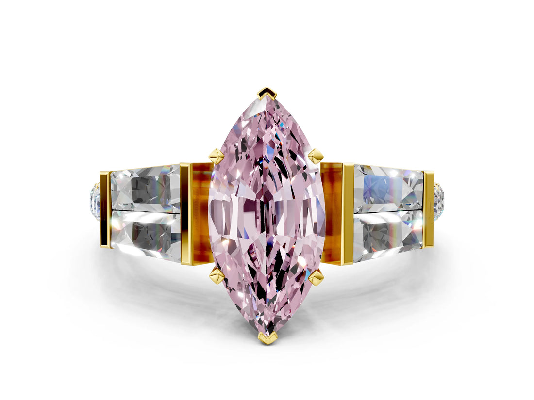 Yellow gold Fancy Pink Marquise Cut Diamond Engagement Ring with Baguette Side Stones and Channel Set Band_20