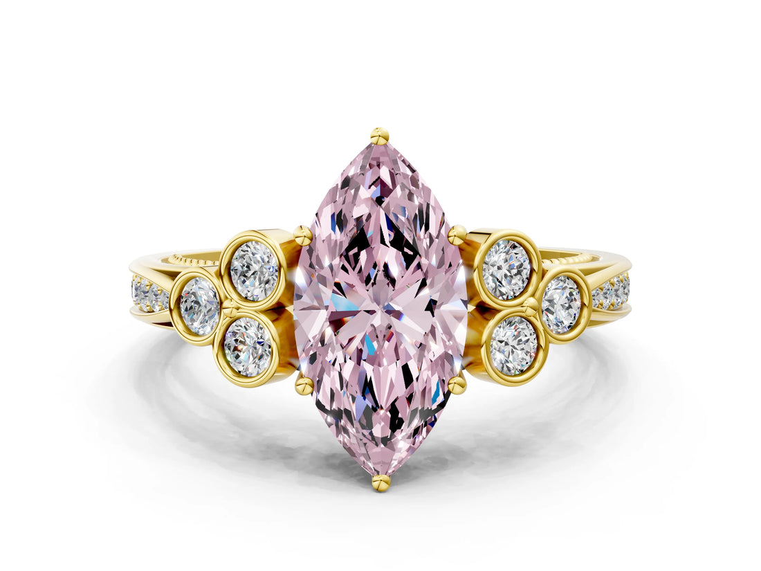 Yellow gold Fancy Pink Marquise  Cut Diamond Engagement Ring with Bezel Set Round Side Stones and Prong Setting_52