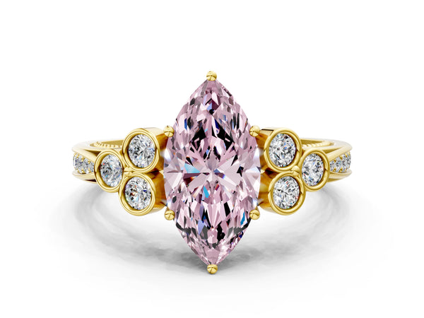 Yellow gold Fancy Pink Marquise  Cut Diamond Engagement Ring with Bezel Set Round Side Stones and Prong Setting