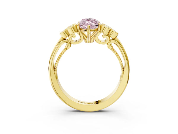 Yellow gold Fancy Pink Marquise  Cut Diamond Engagement Ring with Bezel Set Round Side Stones and Prong Setting