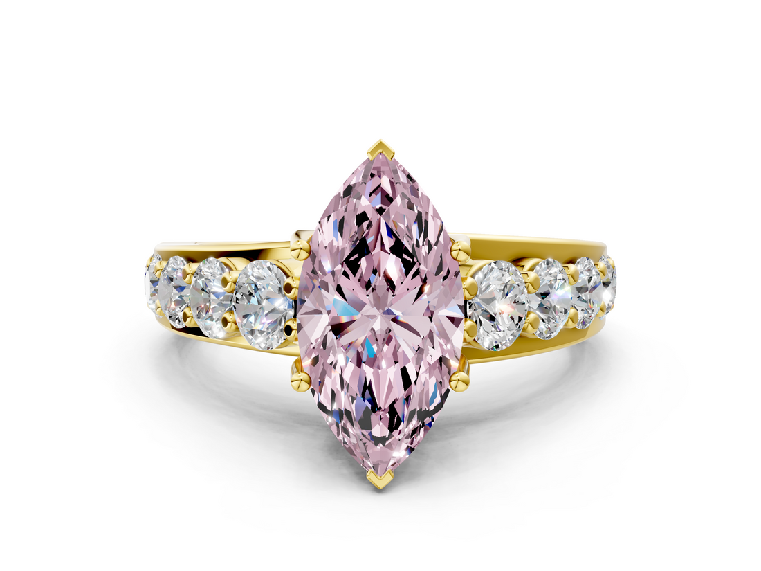 Yellow gold Fancy Pink Marquise  Cut Diamond Engagement Ring with Pavé Band and Four-Prong Setting_3