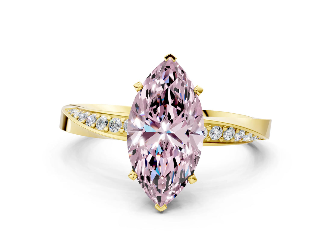 Yellow gold Fancy Pink Marquise Cut Diamond Engagement Ring with Side Stone Accents and Four-Prong Setting_12