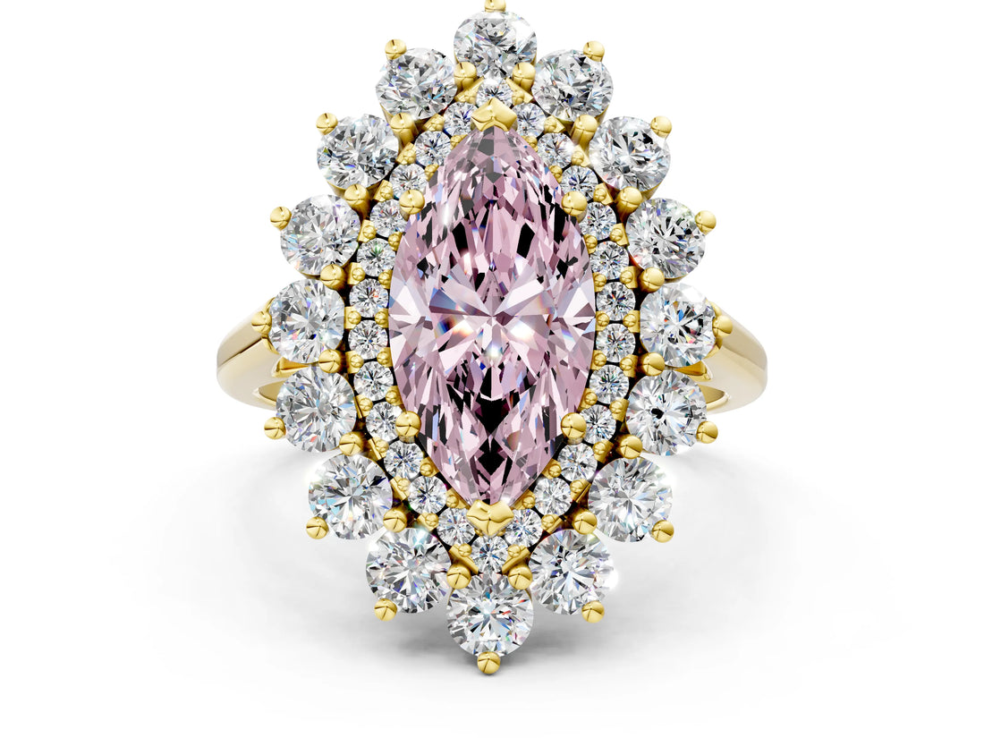 Yellow gold Fancy Pink Marquise Cut Diamond Floral Double Halo Engagement Ring with Prong Setting_24