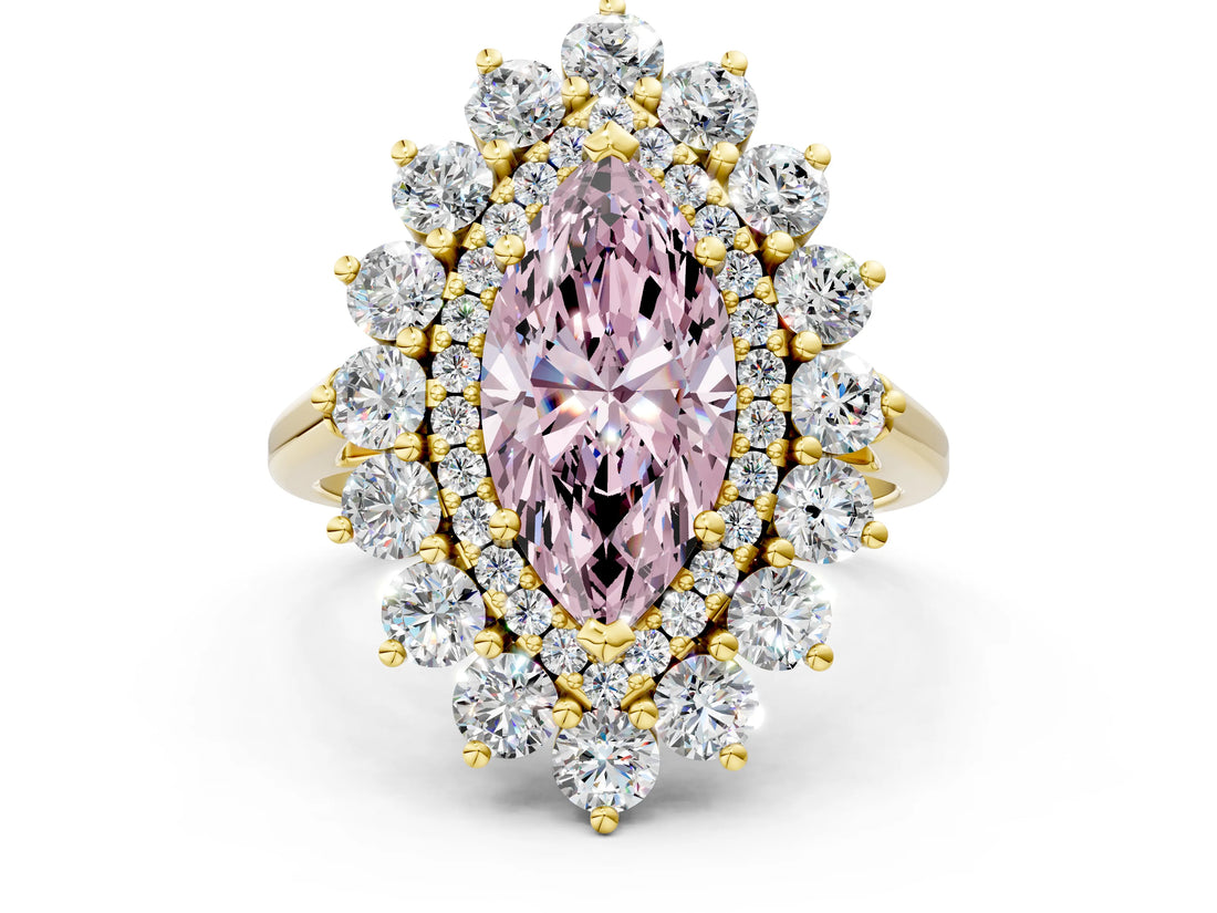Yellow gold Fancy Pink Marquise Cut Diamond Floral Double Halo Engagement Ring with Prong Setting_72