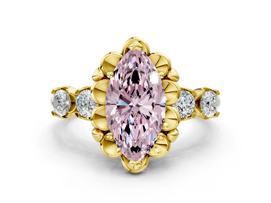 Yellow gold Fancy Pink Marquise  Cut Diamond Floral Halo Engagement Ring with Shared Prong Setting 1