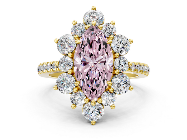 Yellow gold Fancy Pink Marquise  Cut Diamond Floral Halo Pave Band with Prong Setting