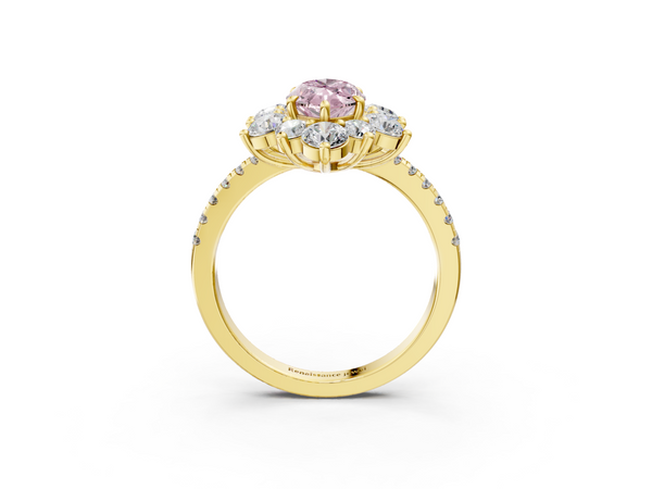 Yellow gold Fancy Pink Marquise  Cut Diamond Floral Halo Pave Band with Prong Setting