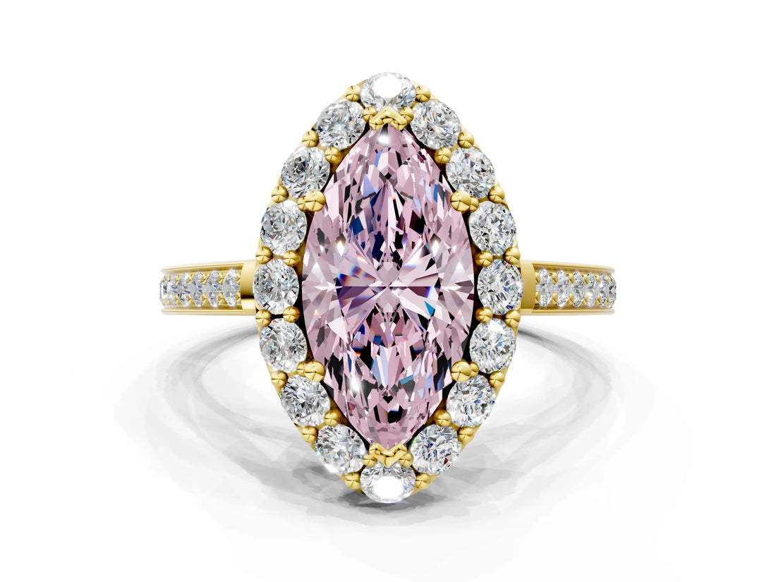 Yellow gold Fancy Pink Marquise Cut Diamond Floral Halo Ring with Pavé Band and Prong Setting_3