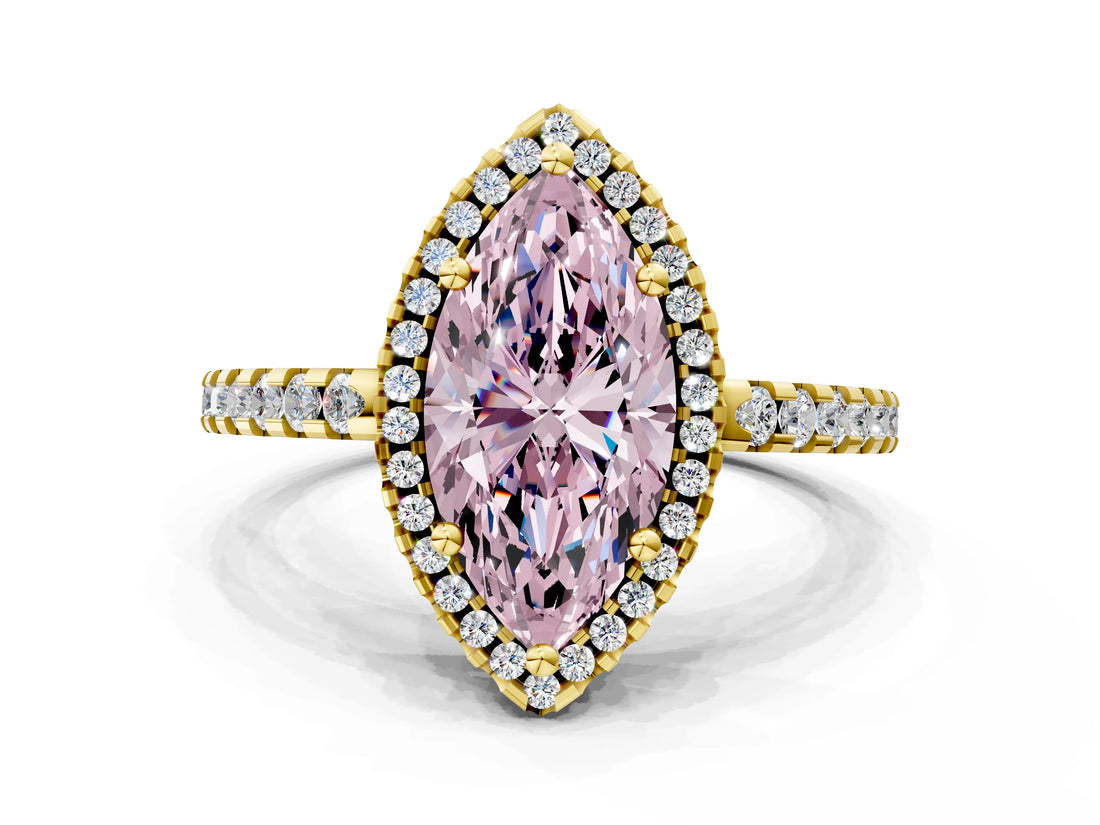 Yellow gold Fancy Pink Marquise Cut Diamond Halo Engagement Ring with Pavé Band and Prong Setting_27