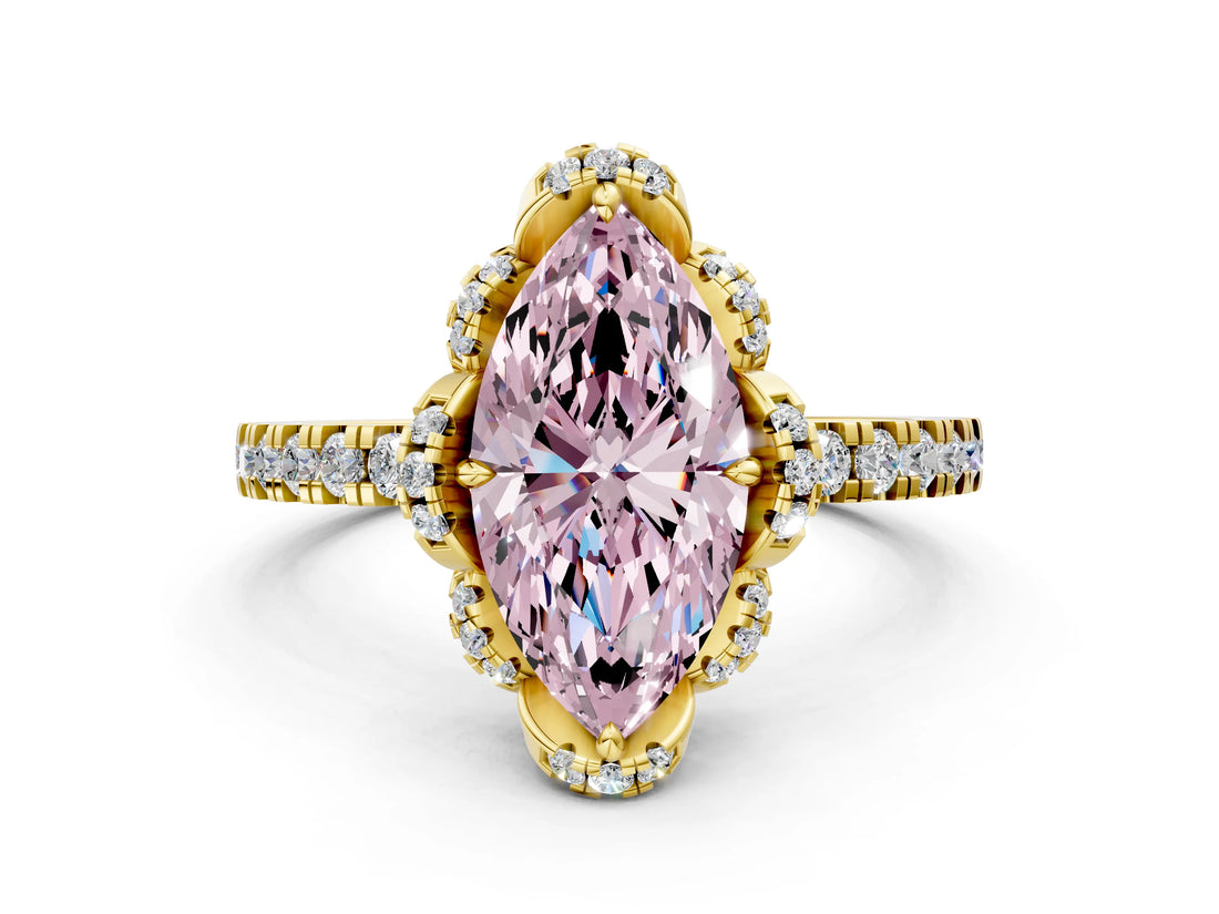 Yellow gold Fancy Pink Marquise Cut Diamond Halo Pave Band with Four-Prong Setting_3