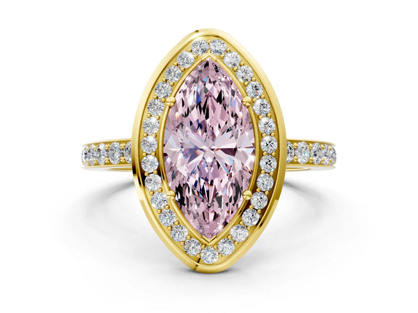 Yellow gold Fancy Pink Marquise Cut Diamond Halo Ring with Bezel Frame and Pavé Band