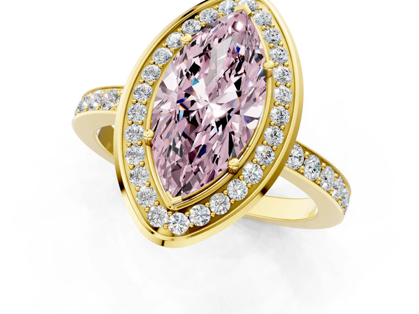 Yellow gold Fancy Pink Marquise Cut Diamond Halo Ring with Bezel Frame and Pavé Band