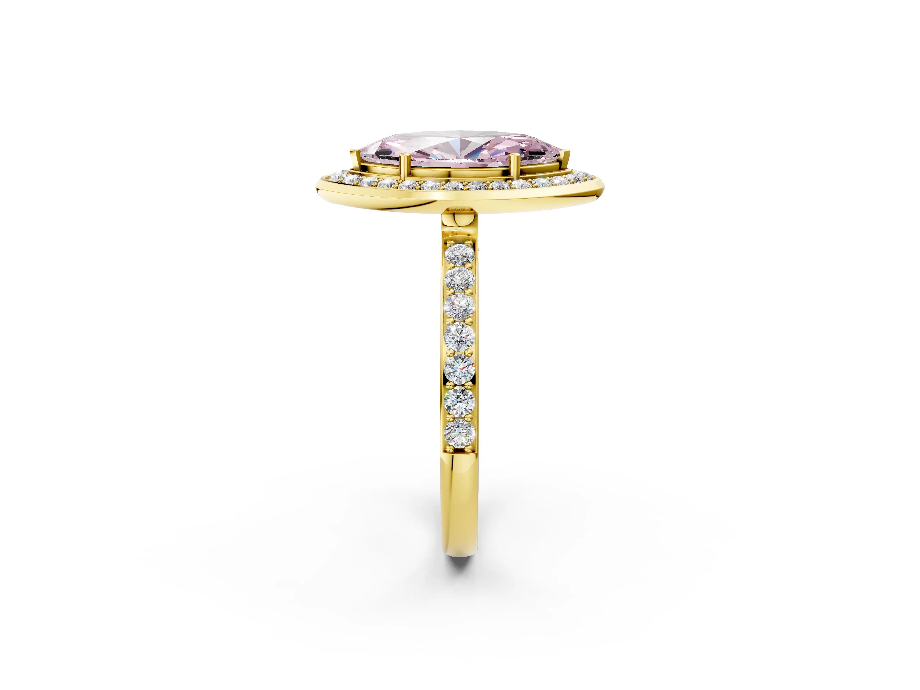 Yellow gold Fancy Pink Marquise Cut Diamond Halo Ring with Bezel Frame and Pavé Band_2