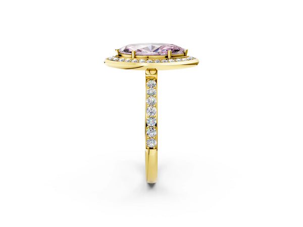 Yellow gold Fancy Pink Marquise Cut Diamond Halo Ring with Bezel Frame and Pavé Band