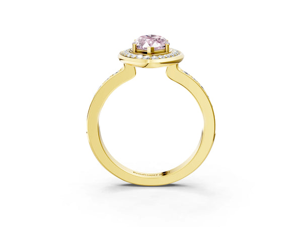 Yellow gold Fancy Pink Marquise Cut Diamond Halo Ring with Bezel Frame and Pavé Band