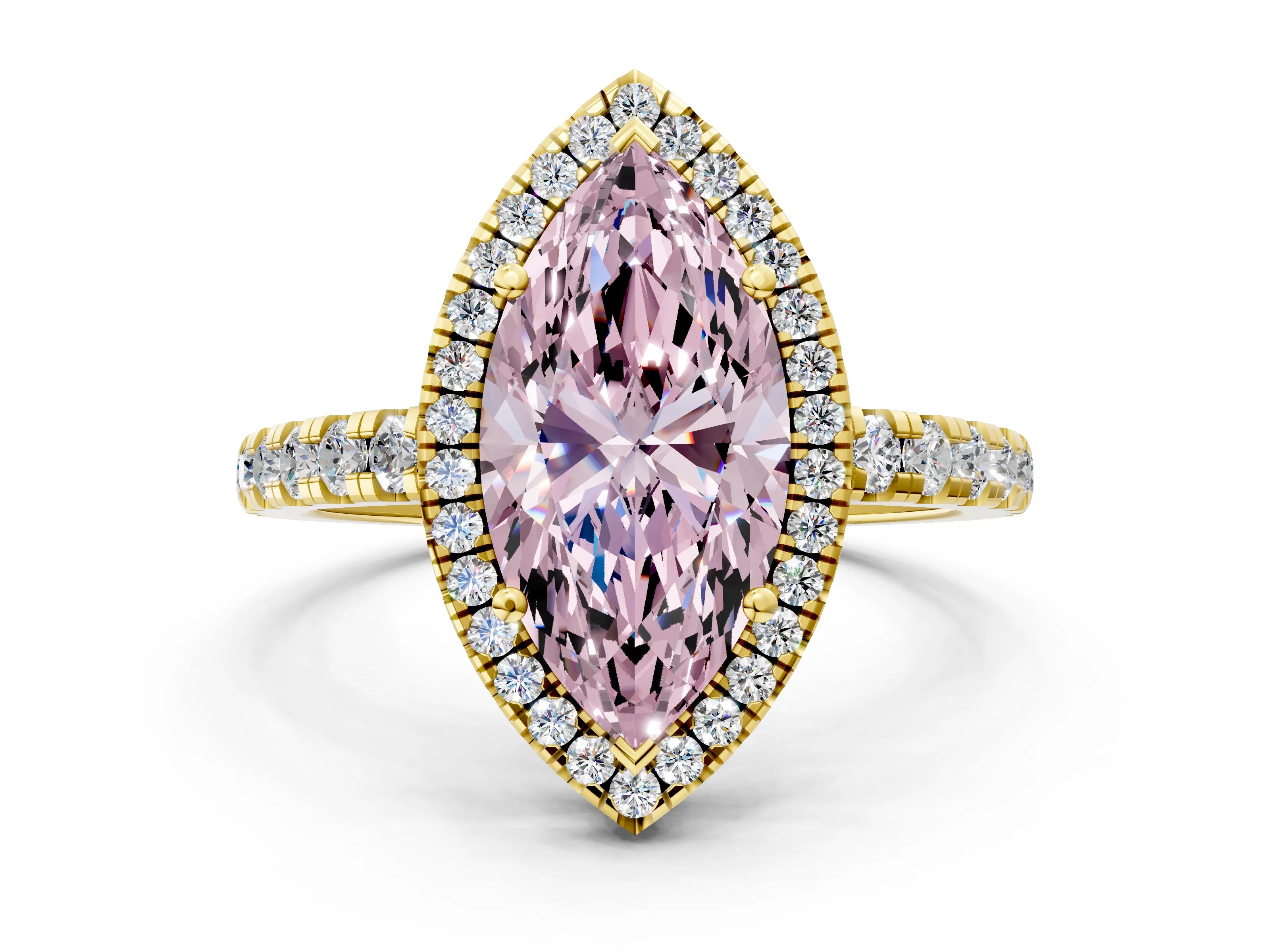 Yellow gold Fancy Pink Marquise Cut Diamond Halo Ring with Pavé Band and Four-Prong Setting