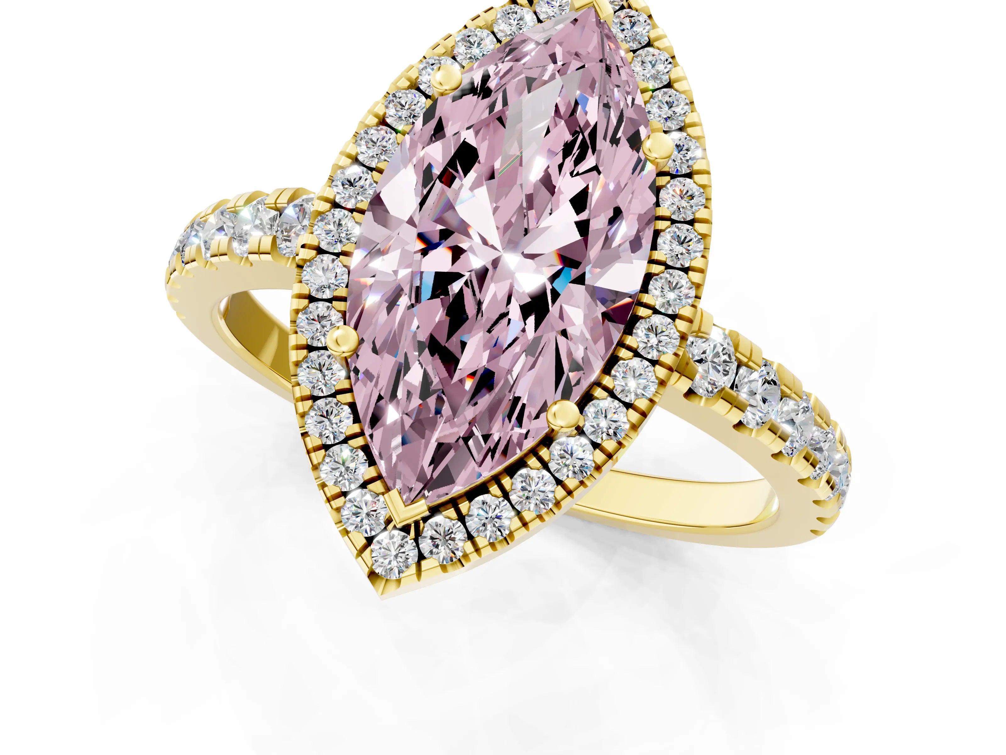 Yellow gold Fancy Pink Marquise Cut Diamond Halo Ring with Pavé Band and Four-Prong Setting_1