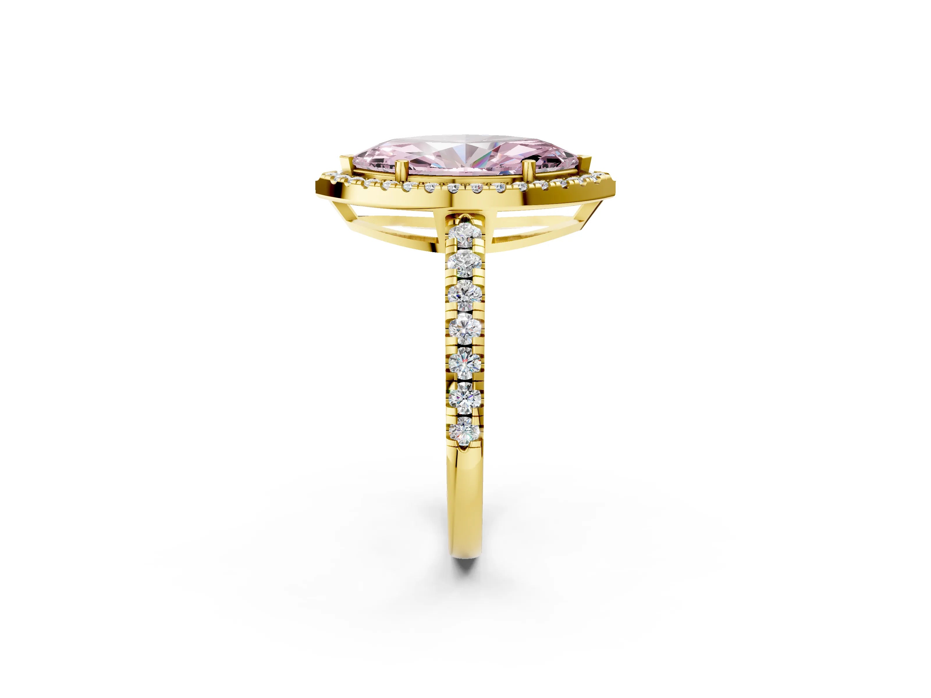 Yellow gold Fancy Pink Marquise Cut Diamond Halo Ring with Pavé Band and Four-Prong Setting_2