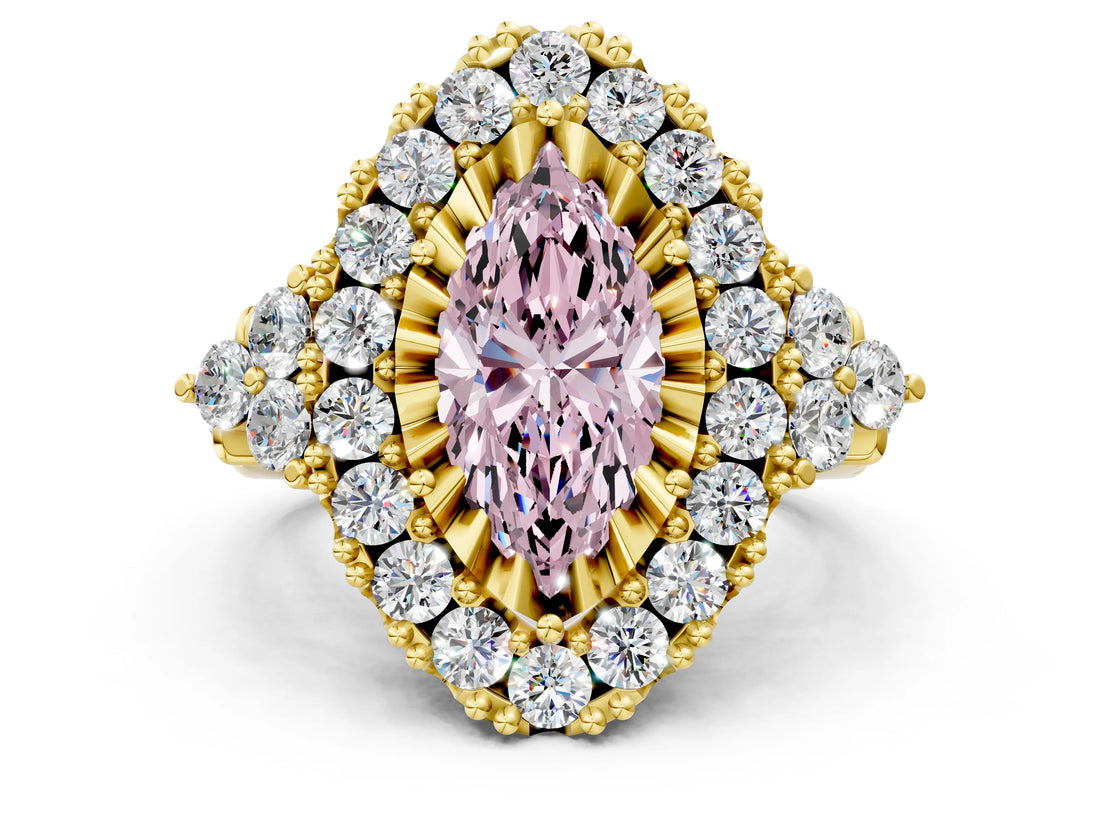 Yellow gold Fancy Pink Marquise Cut Diamond Halo Ring with Pavé Band and Four-Prong Setting_41