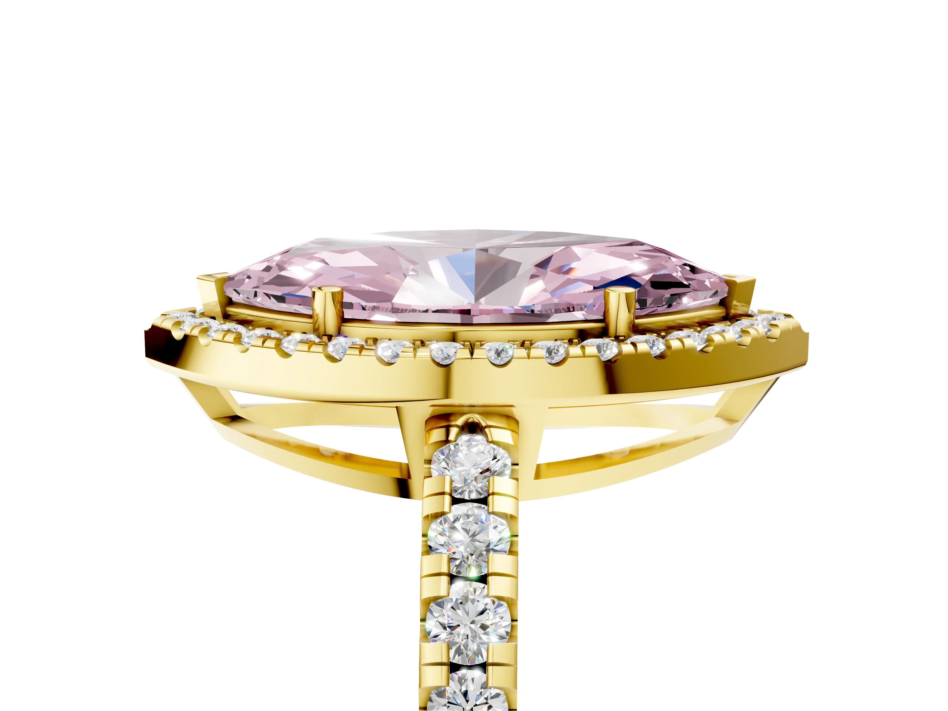 Yellow gold Fancy Pink Marquise Cut Diamond Halo Ring with Pavé Band and Four-Prong Setting_5