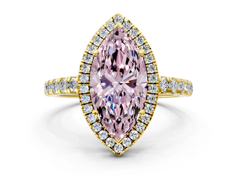 Yellow gold Fancy Pink Marquise Cut Diamond Halo Ring with Pavé Band and Four-Prong Setting