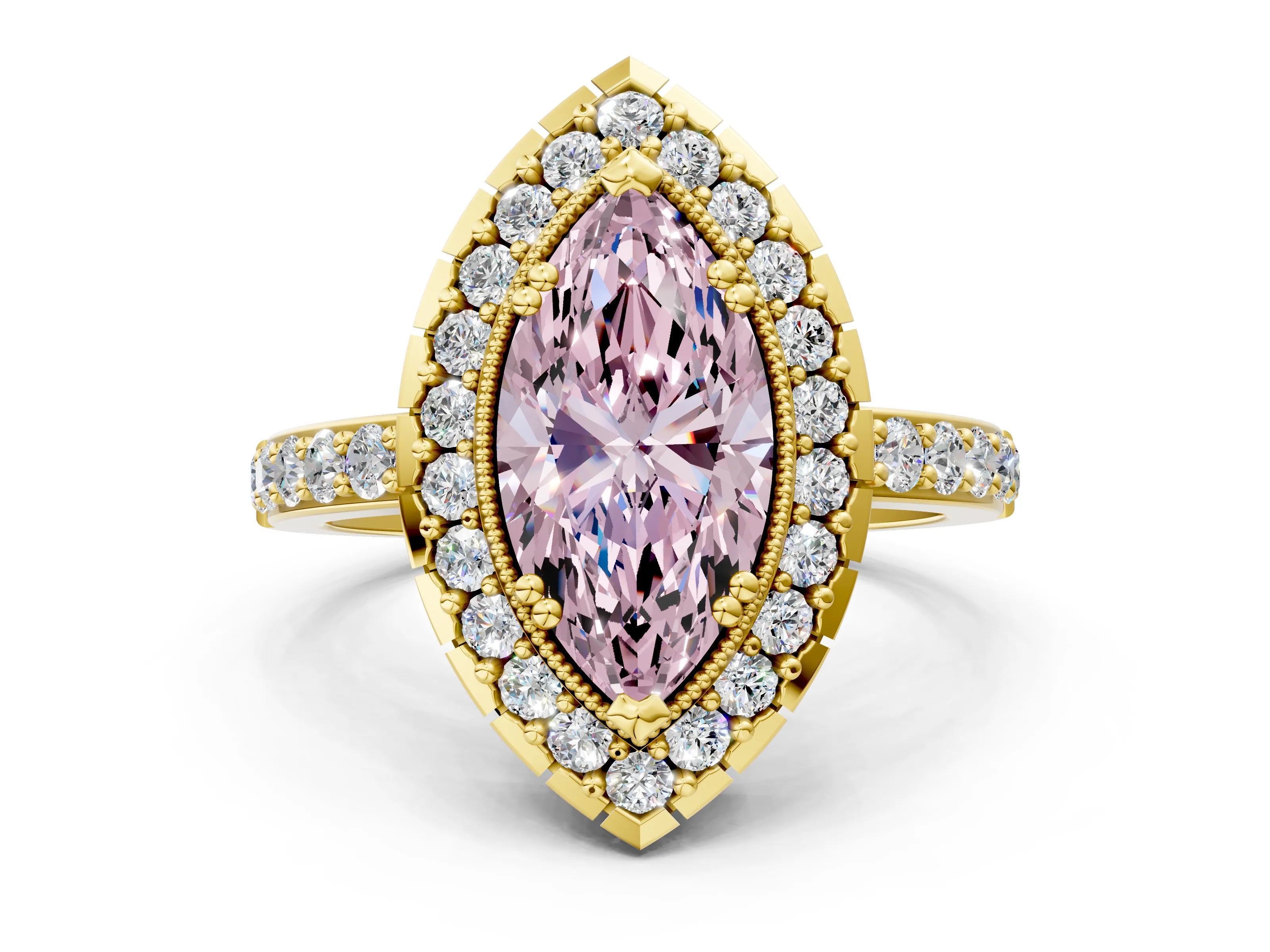 Yellow gold Fancy Pink Marquise Cut Diamond Halo Ring with Pavé Band and Prong Setting