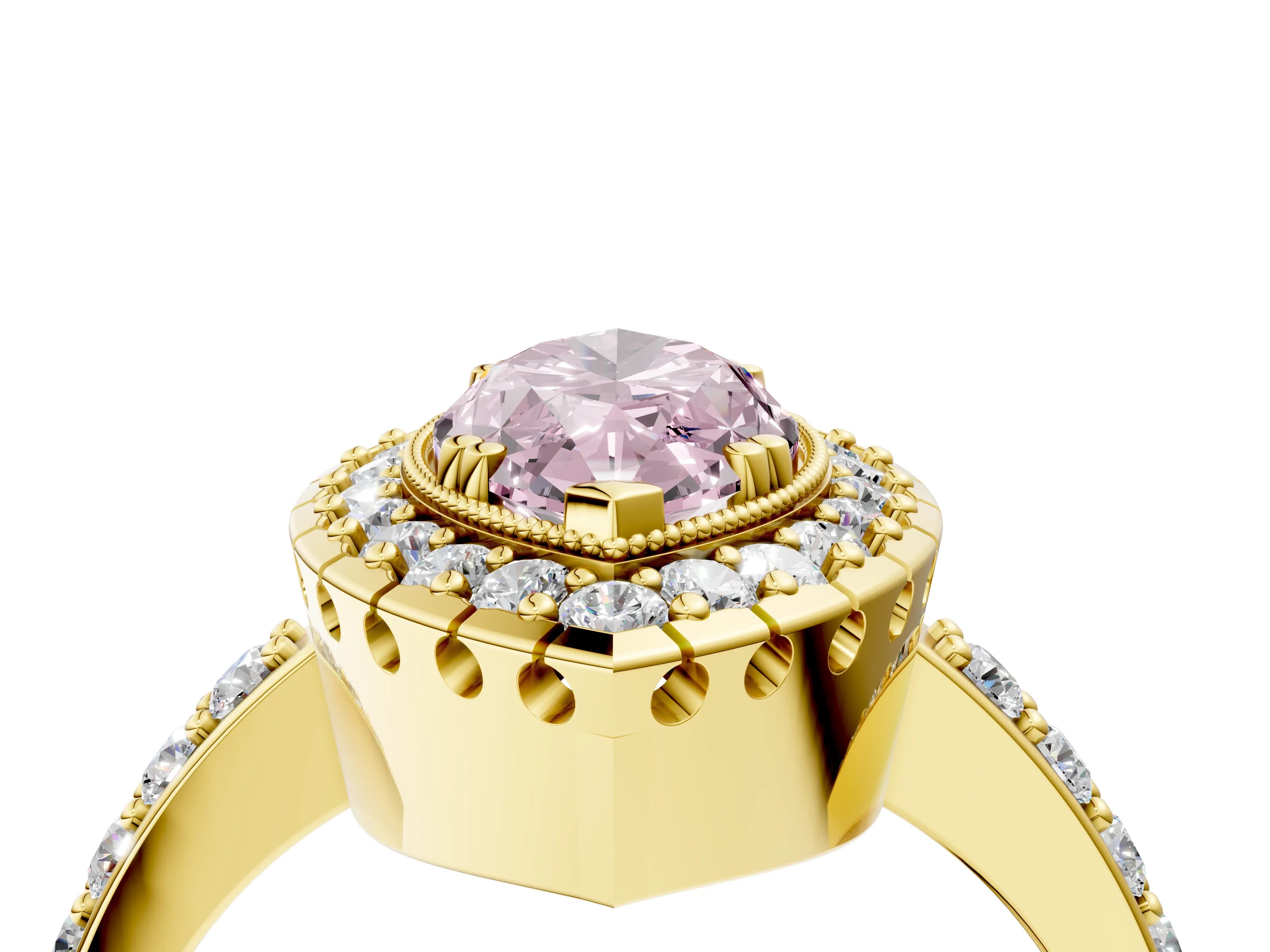 Yellow gold Fancy Pink Marquise Cut Diamond Halo Ring with Pavé Band and Prong Setting_4