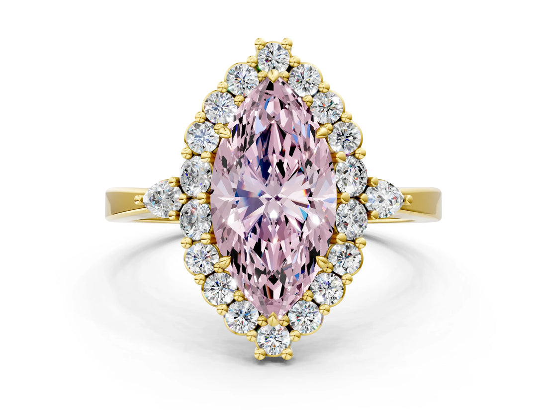 Yellow gold Fancy Pink Marquise Cut Diamond Halo Ring with Pear Side Stones and Prong Setting_50
