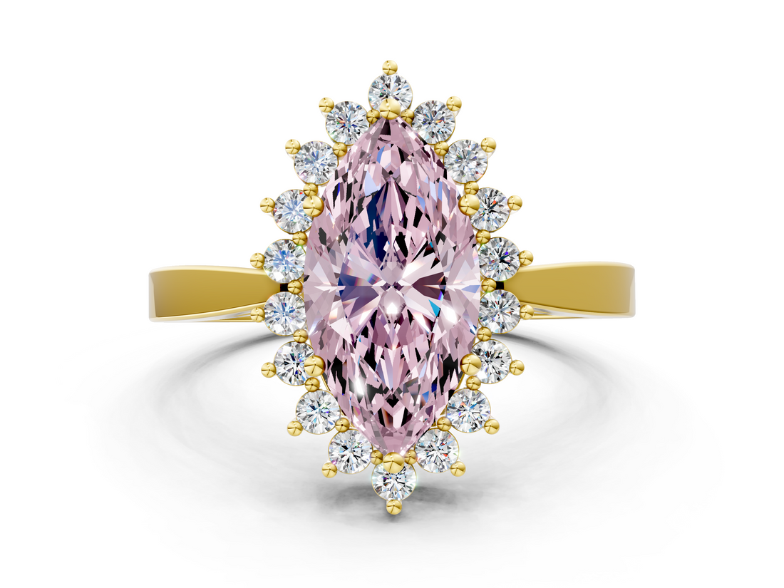 Yellow gold Fancy Pink Marquise  Cut Diamond Halo Ring with Round Brilliant Halo and Solitaire Band_87