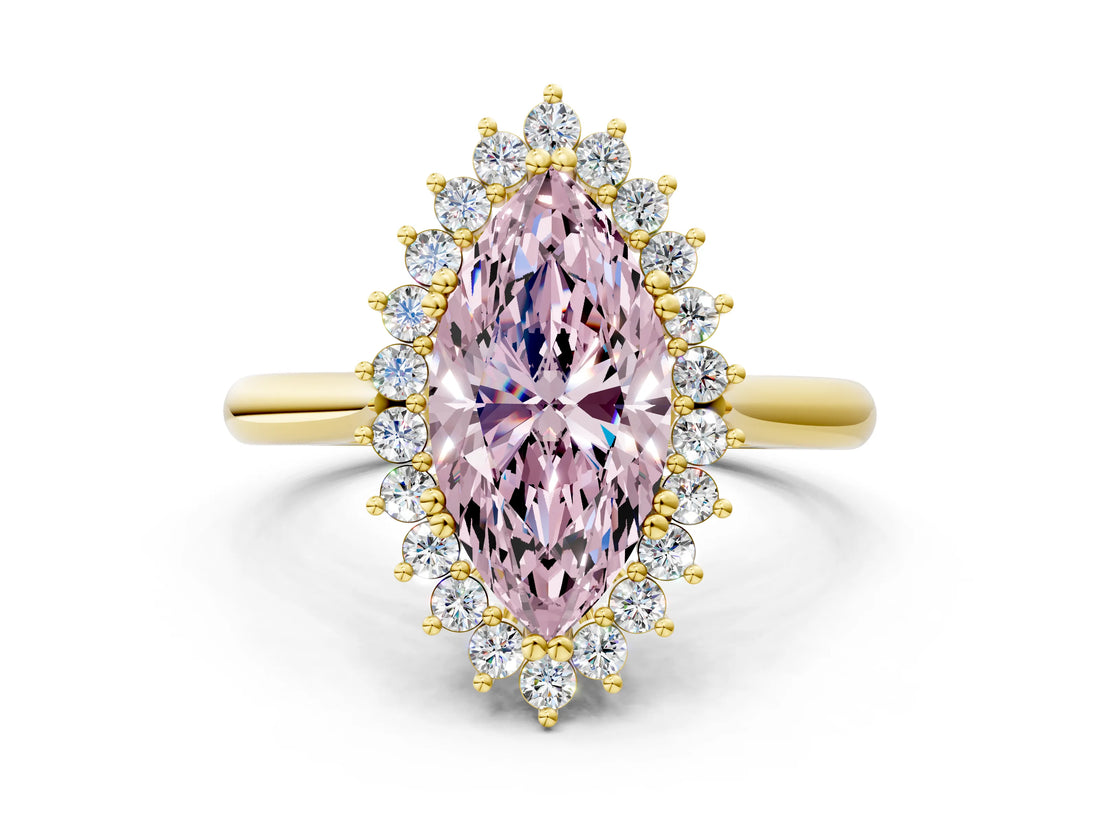 Yellow gold Fancy Pink Marquise  Cut Diamond Halo Ring with Solitaire Band and Prong Setting_53
