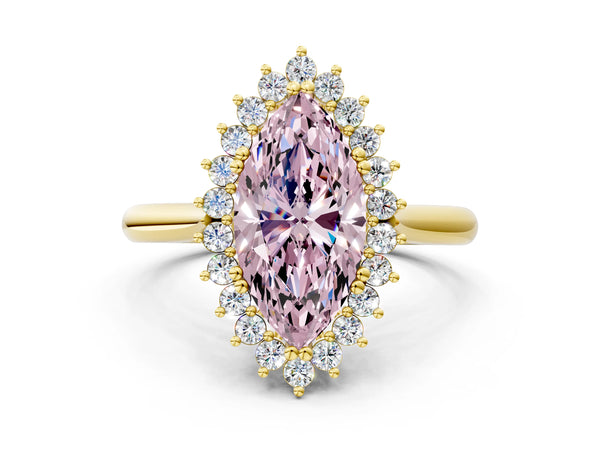 Yellow gold Fancy Pink Marquise  Cut Diamond Halo Ring with Solitaire Band and Prong Setting