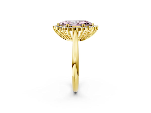 Yellow gold Fancy Pink Marquise  Cut Diamond Halo Ring with Solitaire Band and Prong Setting