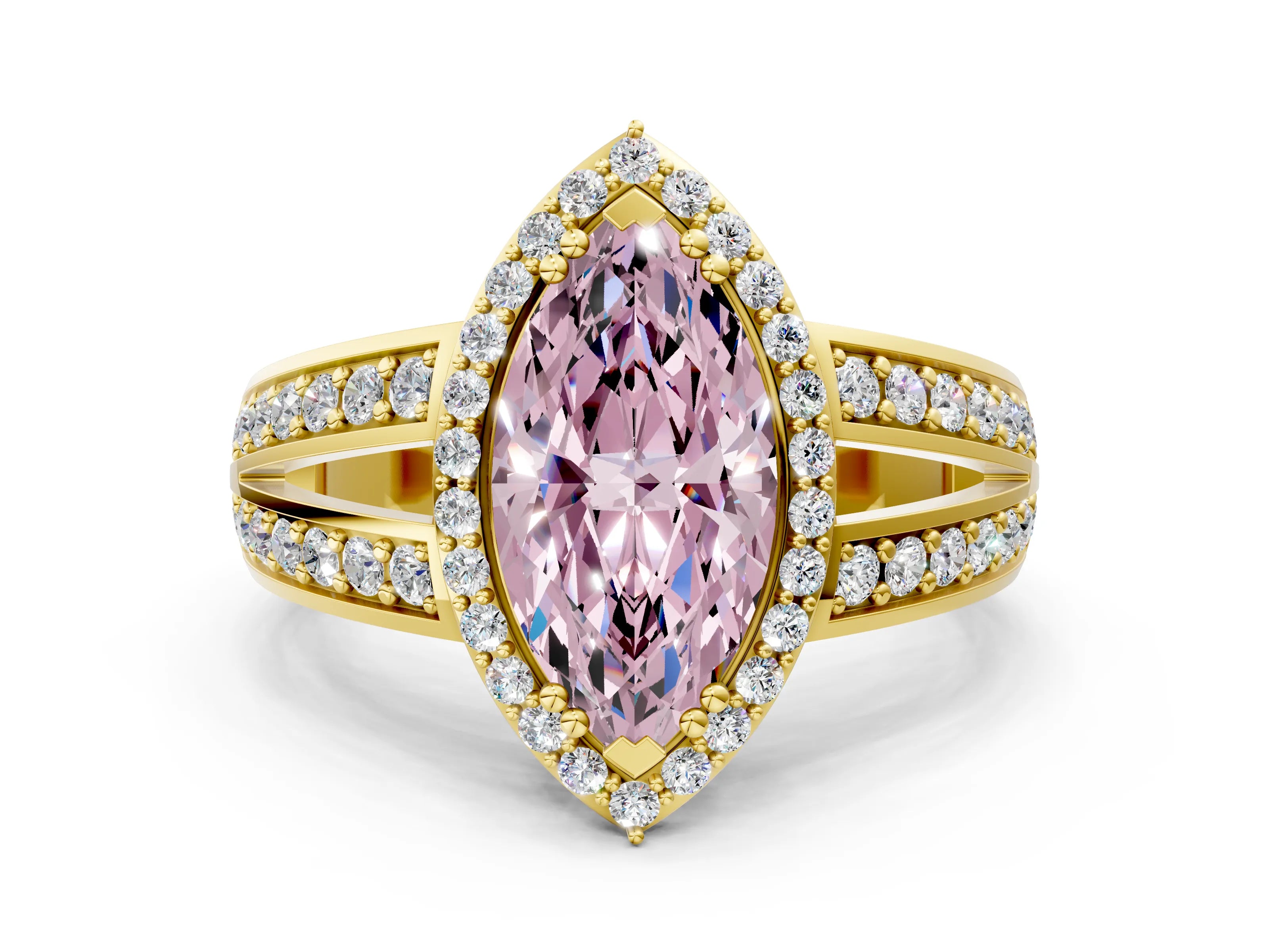 Yellow gold Fancy Pink Marquise Cut Diamond Halo Ring with Split Shank Pavé Band and Four-Prong Setting