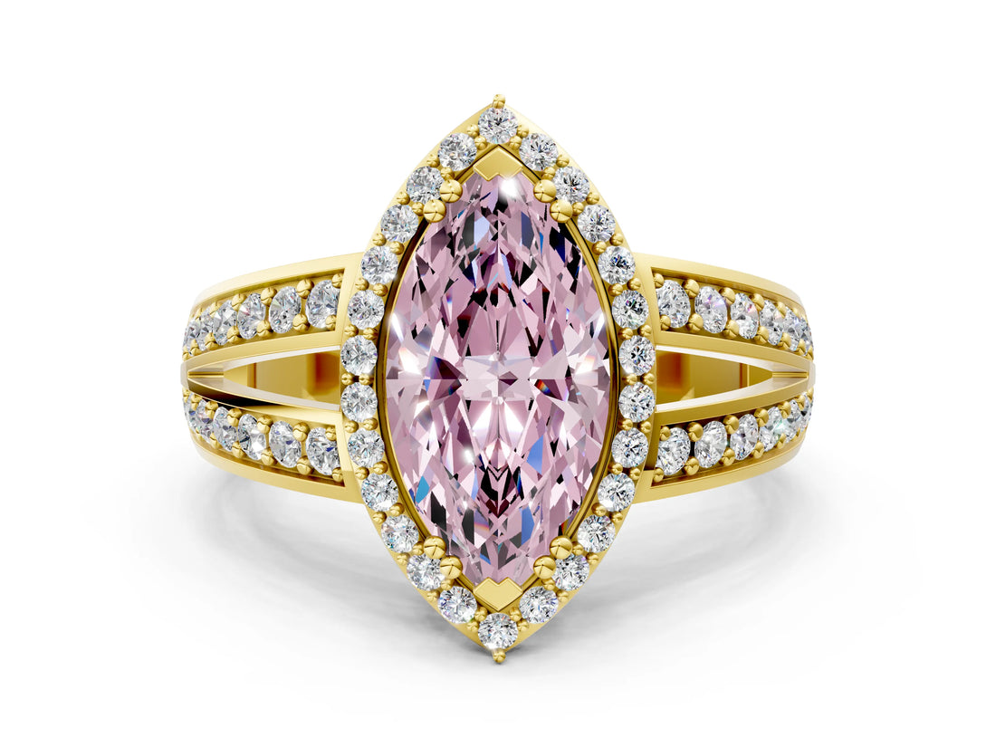 Yellow gold Fancy Pink Marquise Cut Diamond Halo Ring with Split Shank Pavé Band and Four-Prong Setting