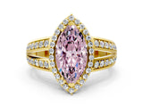 Yellow gold Fancy Pink Marquise Cut Diamond Halo Ring with Split Shank Pavé Band and Four-Prong Setting