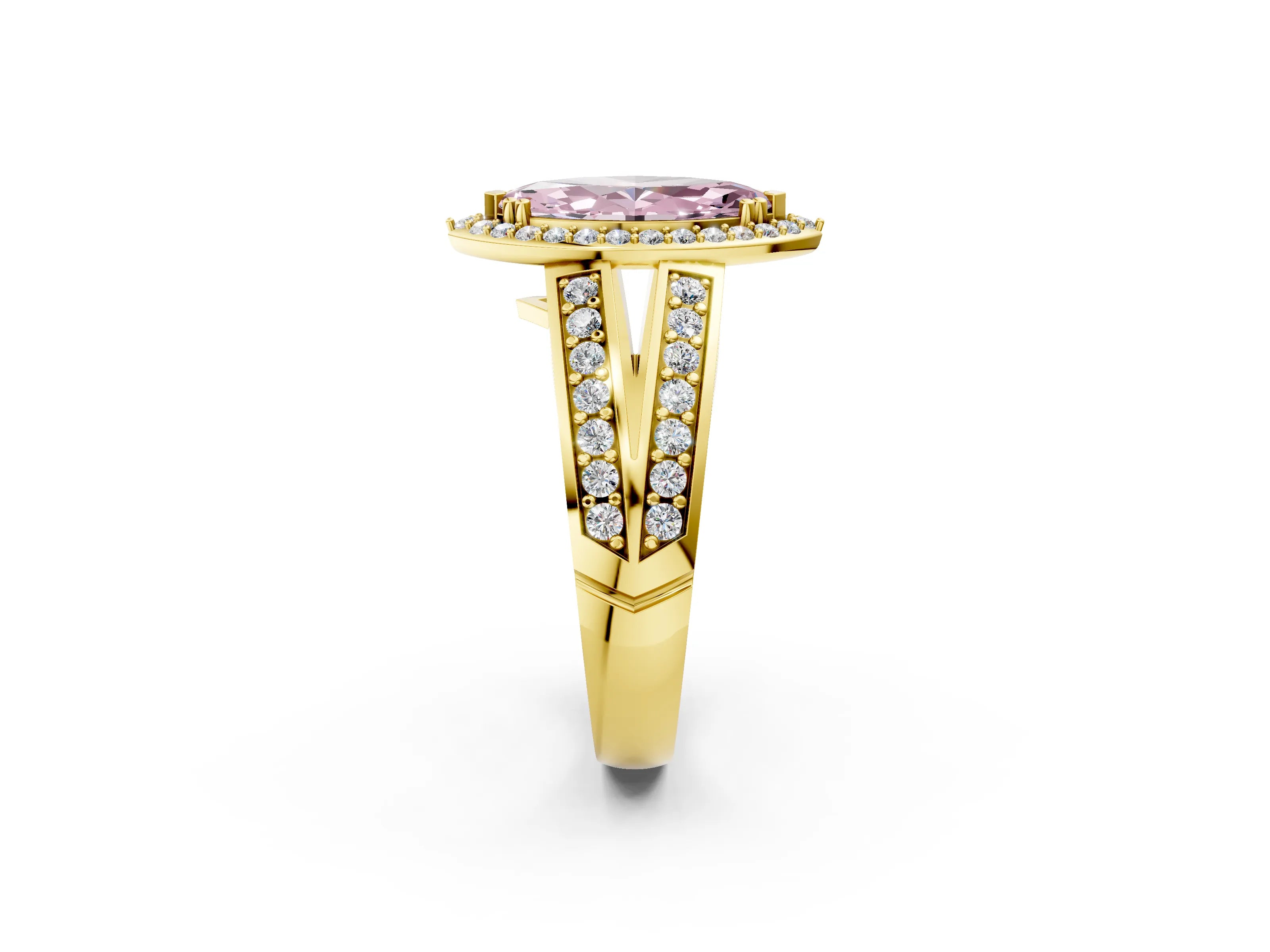 Yellow gold Fancy Pink Marquise Cut Diamond Halo Ring with Split Shank Pavé Band and Four-Prong Setting_2