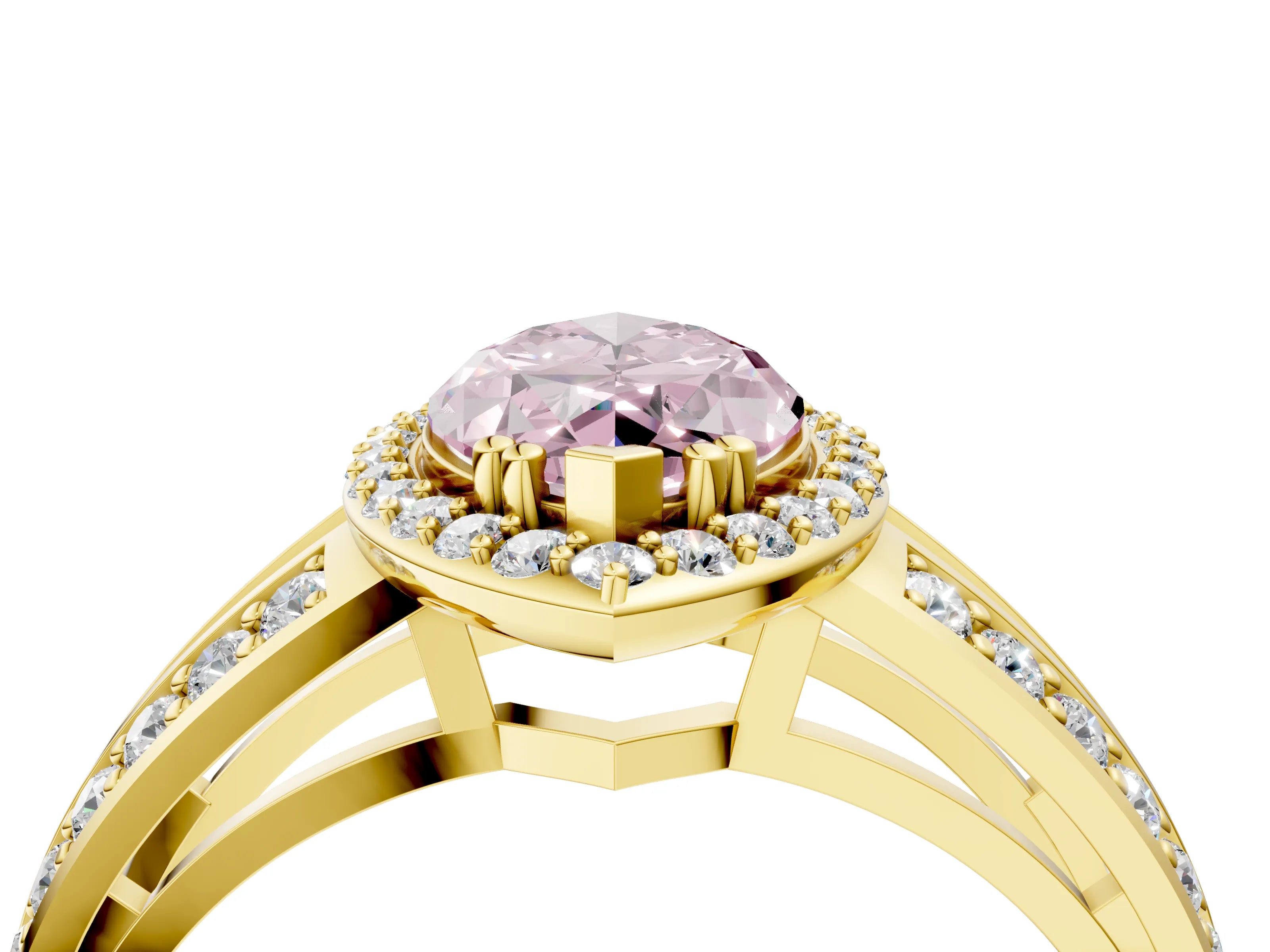 Yellow gold Fancy Pink Marquise Cut Diamond Halo Ring with Split Shank Pavé Band and Four-Prong Setting_4