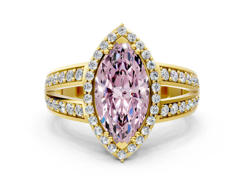 Yellow gold Fancy Pink Marquise Cut Diamond Halo Ring with Split Shank Pavé Band and Four-Prong Setting