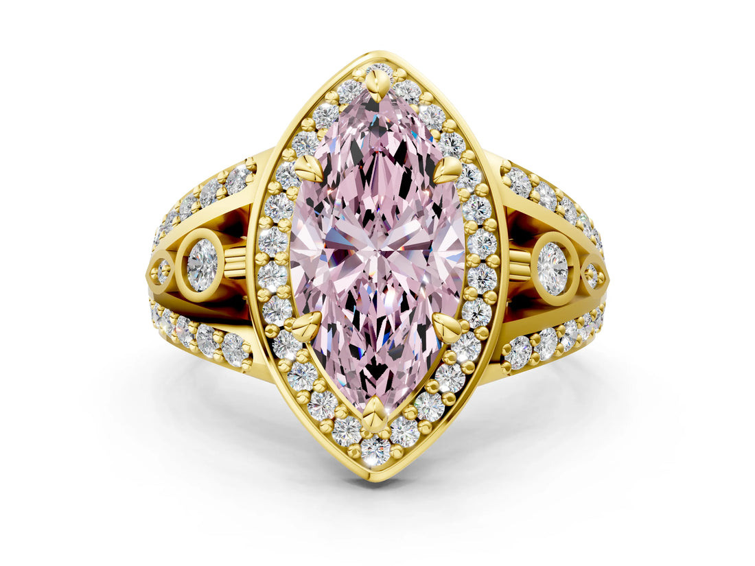Yellow gold Fancy Pink Marquise Cut Diamond Halo Ring with Split Shank and Bezel Accents and Four-Prong Setting