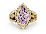 Yellow gold Fancy Pink Marquise Cut Diamond Halo Ring with Split Shank and Bezel Accents and Four-Prong Setting