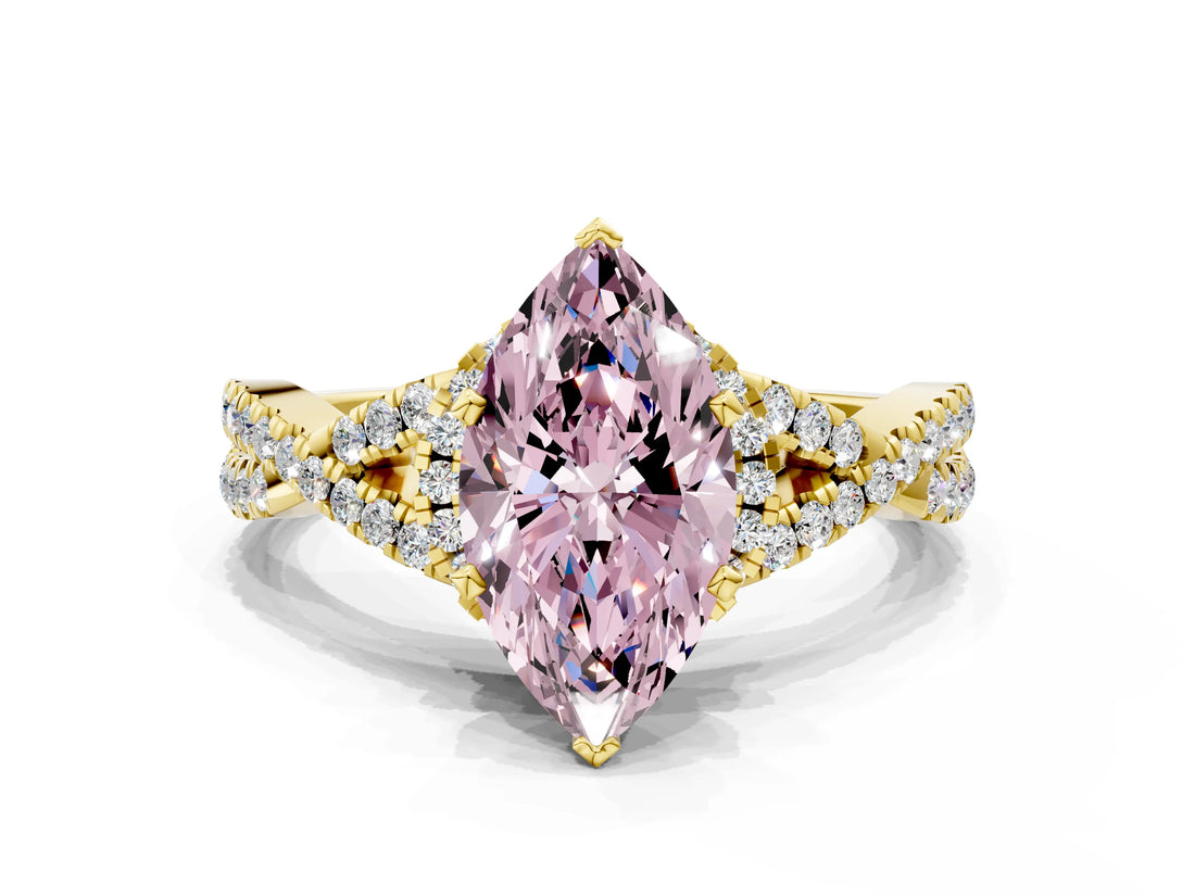 Yellow gold Fancy Pink Marquise Cut Diamond  Halo Twist Band Solitaire Prong Setting Ring_48