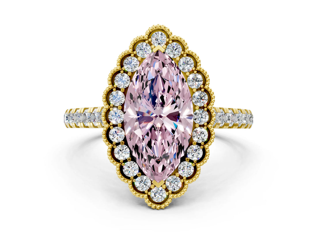 Yellow gold Fancy Pink Marquise  Cut Diamond Milgrain Floral Halo Engagement Ring with Pavé Band_15