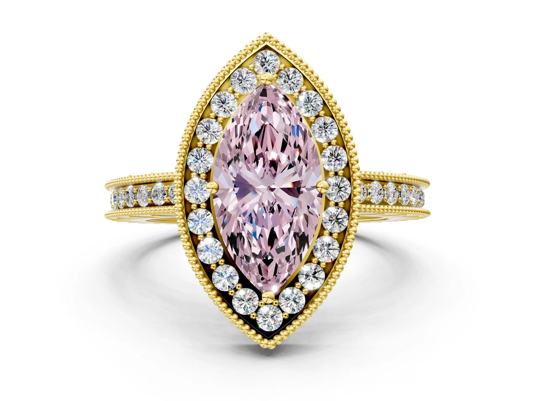 Yellow gold Fancy Pink Marquise Cut Diamond Milgrain Halo Engagement Ring with Round Pavé Band and Prong Setting_12