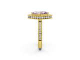 Yellow gold Fancy Pink Marquise Cut Diamond Milgrain Halo Engagement Ring with Round Pavé Band and Prong Setting_14