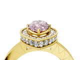 Yellow gold Fancy Pink Marquise Cut Diamond Milgrain Halo Engagement Ring with Round Pavé Band and Prong Setting_16