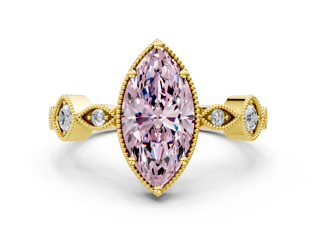 Yellow gold Fancy Pink Marquise  Cut Diamond Milgrain Marquise Band with Prong Setting_3