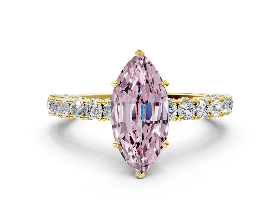 Yellow gold Fancy Pink Marquise Cut Diamond Pavé Band Solitaire Ring with Prong Setting_81