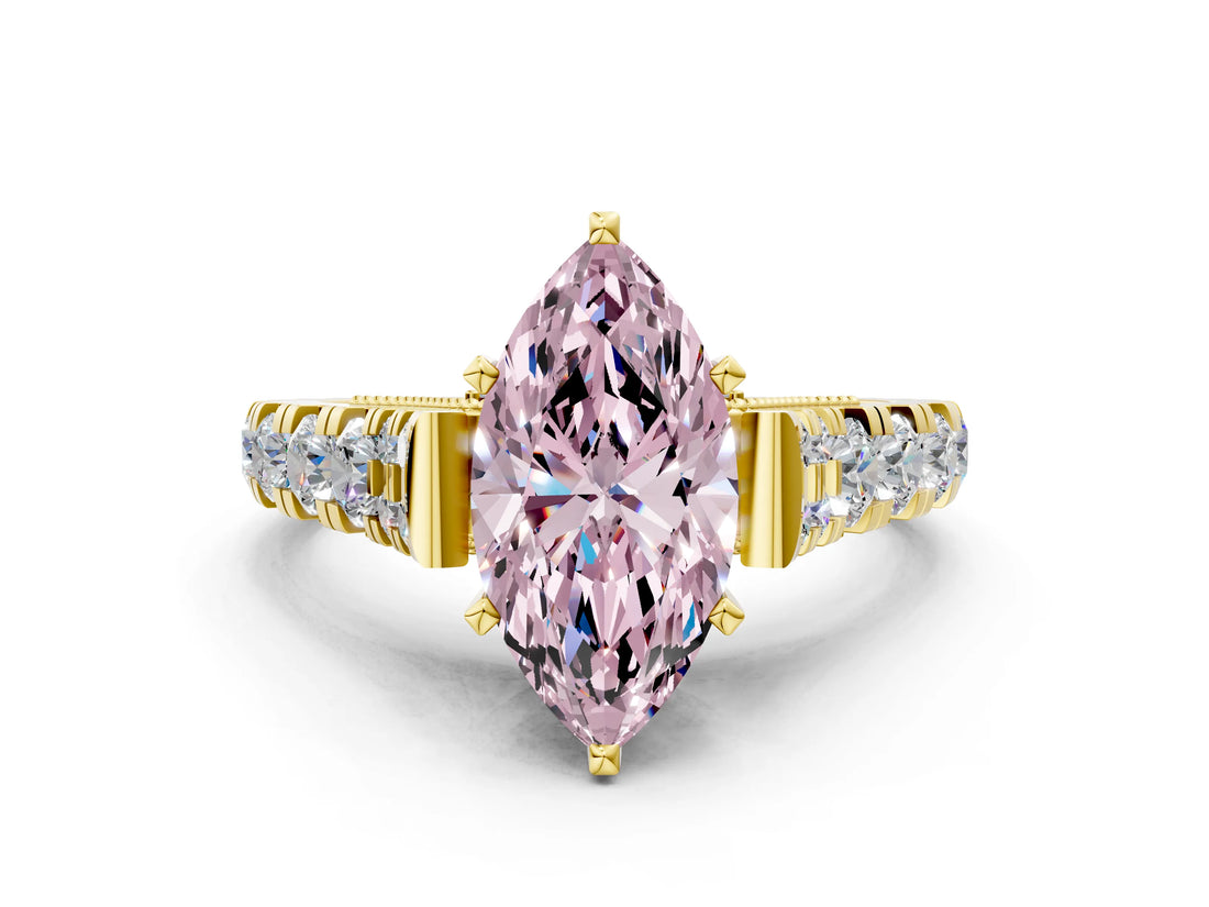 Yellow gold Fancy Pink Marquise  Cut Diamond Pavé Band Solitaire with Four-Prong Setting_18