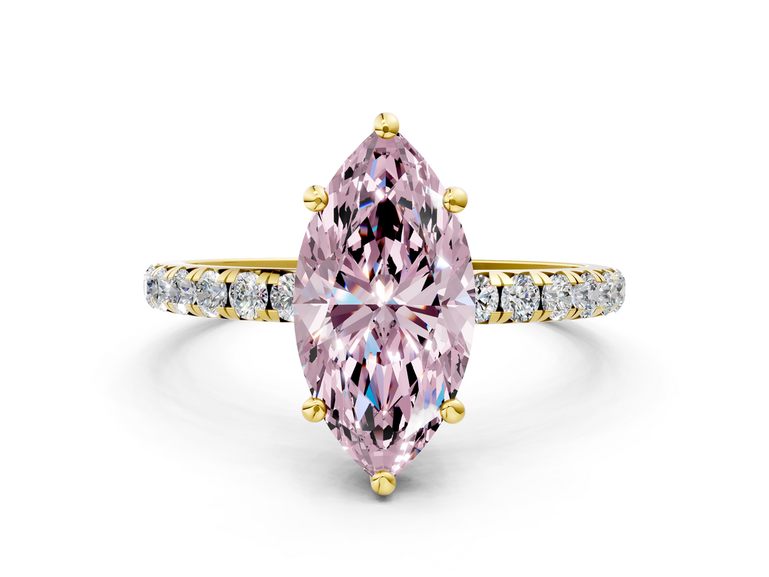 Yellow gold Fancy Pink Marquise  Cut Diamond Pavé Band Solitaire with Four-Prong Setting_3